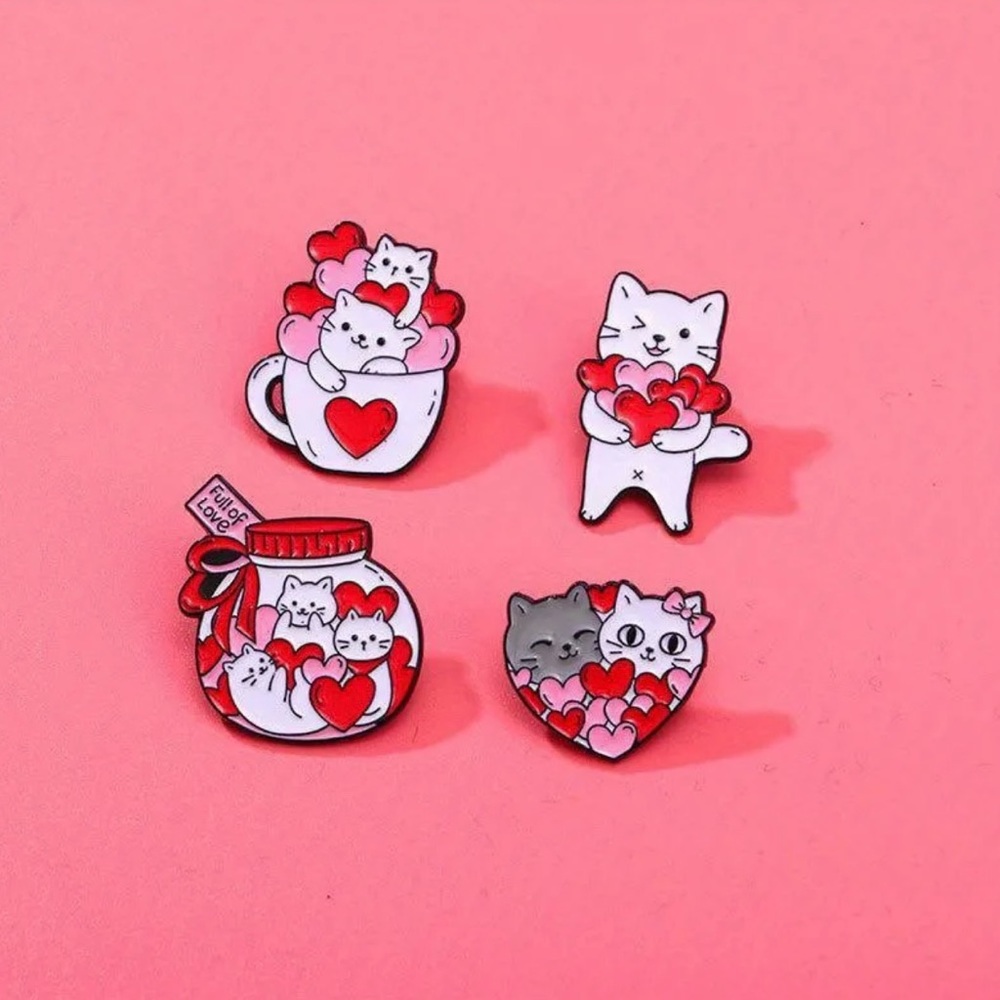 4 Pcs Red, Pink & White Color Black Cat Shape Pin Set Simple Animal Theme‎ Pin